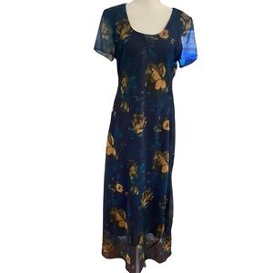 Ronni Nicole Vintage Floral Dress Size 12 Black Blue Gold Floral Church Shower